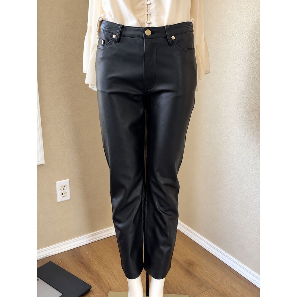 River Island Black Faux Leather Straight Leg Cropped Trousers Gold Button US 4